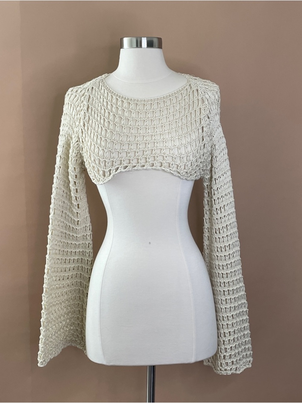 Fashion Nova Cream Crochet Knit Crop Sweater Bell Sleeve Boho M